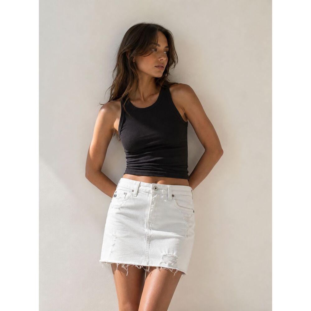 AG Adriano Goldschmied White Distressed Denim Mini Skirt Women’s 27 NWOT Raw Hem